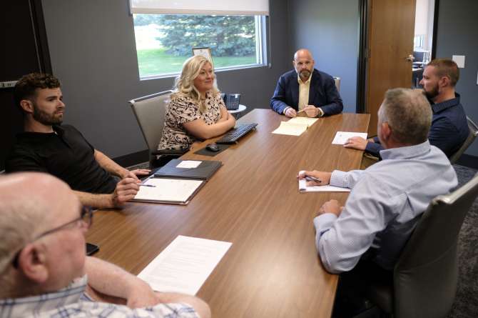 The entire staff during a meeting.